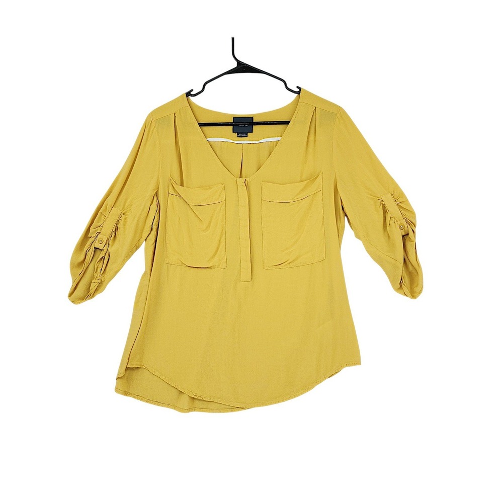 Maeve Chartreuse Blouse M Wom Yellow V-Neck Ruched Roll Tab Rayon Anthropologie
